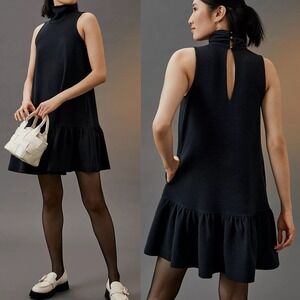 Anthropologie Maeve Flounced Mock Neck Mini Dress Black‎ Womens Size Large Shift